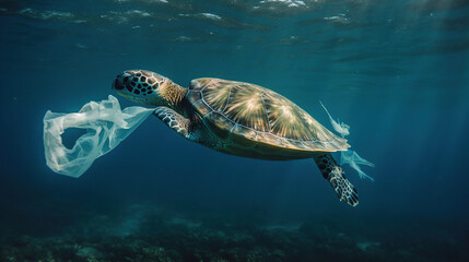 Plastic Pollution In Ocean - Turtle Eat Plastic Bag - Environmental Problem, Generative Ai