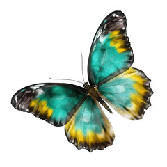 Very beautiful blue yellow green butterfly in flight isolated on a white background. Generative AI