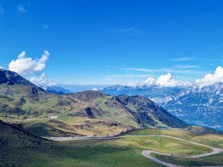 Green mountains, mountain panorama, bright sky, mountains, grass, green landscape. 