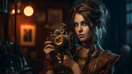 Fototapeta na wymiar Generative AI image of a beautiful woman in steampunk costume holding a homemade camera.
