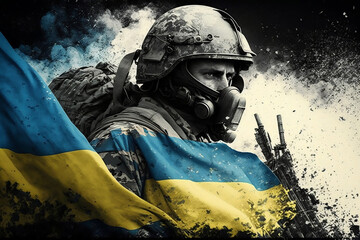 soldier with Ukrainian flag, generative AI - obrazy, fototapety, plakaty