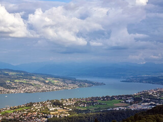Fototapeta na wymiar Lake Zurich. City view from above. Panorama of the city. Zurich panorama from the mountain. City background in summer.