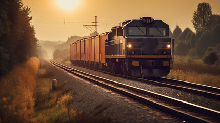 Fototapeta na wymiar Train on the railroad, sunset background, generative ai