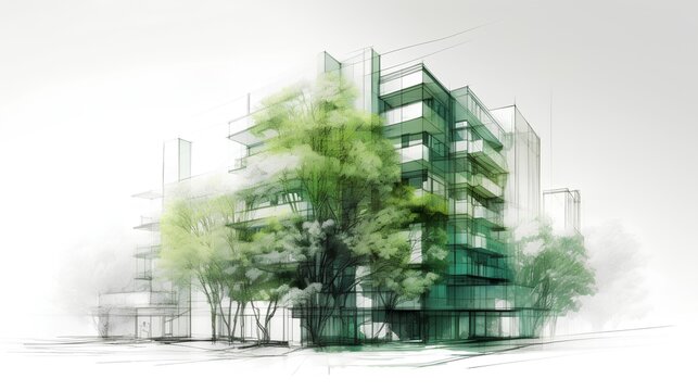 Sustainable development project sketch, green building and trees. Urban planning, green space, and environmental sustainability, with energy efficiency and reduced carbon footprint. Generative AI