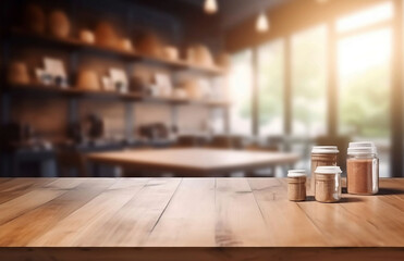 Empty Wooden Table on Blurred Restaurant Background - Top Table View with Copy Space