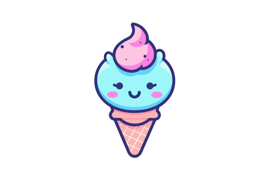 Colorful cute blue and pink ice cream cone in comic cartoon style