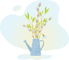 Willow branches in a blue watering can, a spring illustration, bouquets of flowers in pot