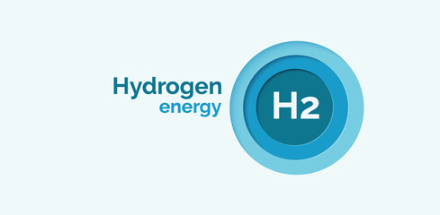 Hydrogen symbol in a blue circle on a  white background. Paper cut . Banner template for a website.  Hydrogen energy. Н2. Green hydrogen logo. Clean energy. Vector illustration