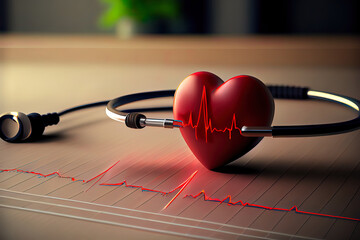 Stethoscope, red heart and cardiogram on table. Cardiology concept. Generative Ai - obrazy, fototapety, plakaty