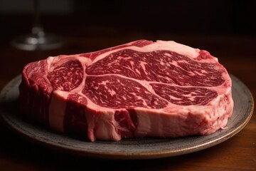 Plate Of Raw Beef Ribeye. Generative AI