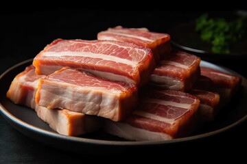 Fototapeta premium Plate Of Raw Pork Belly Slices. Generative AI
