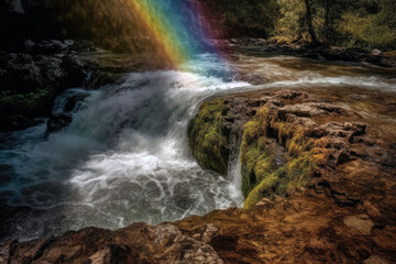 Fototapeta na wymiar Rainbow In Which Each Color Blends Seamlessly Into The Next, As Though The Waterfall Is Canvas For Vibrant Painting. Generative AI