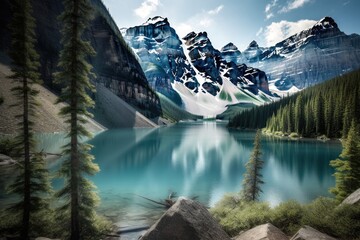 Fototapeta na wymiar Scenic Mountain Landscape With Lake. Generative AI