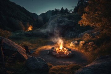 Scenic Campsite With Campfire. Generative AI