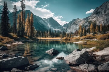 Scenic Mountain Landscape With Lake. Generative AI