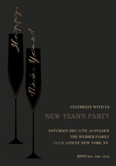 Happy New Year's party elegant  invitation. Background for your flyers and greetings card. Minimal banner design with two glasses with gold lettering. Vector illustration for  poster, social media.