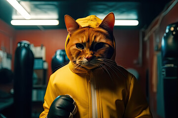 Boxer cat in boxing gloves and hood, created with Generative AI