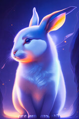 A neon-lit futuristic painting of a small rabbit. Vibrant colors with a glowing aura. Generative AI