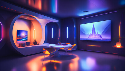 Fototapeta na wymiar A gamer's colorful room. LED decor. Strips of LED lights on walls and furniture. Large TV. Generative AI.