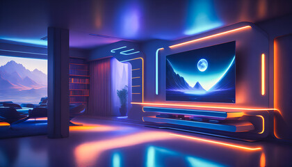 Obraz premium A gamer's colorful room. LED decor. Strips of LED lights on walls and furniture. Large TV. Generative AI.