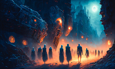 Zombie wandering streets. Eerie atmosphere. Monster heads. Generative AI