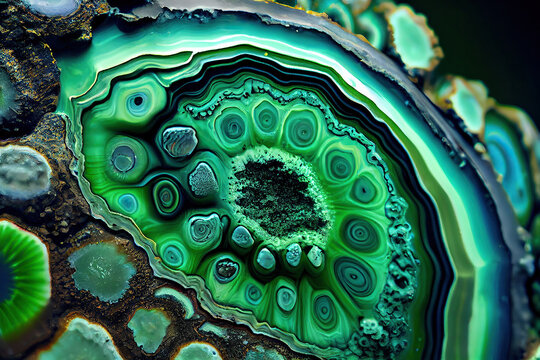 Wavellite mineral in section. Beautiful green light bkue pattern of natural stone. Generative AI