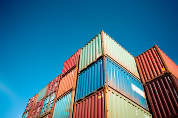 Fototapeta premium Shipping containers stacked against blue sky. Generative ai