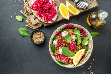 beet salad. Clean eating, dieting, vegan food concept. top view