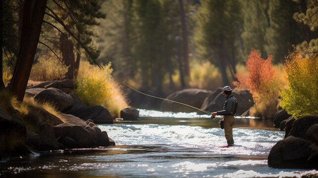 a man fly fishing in a river. Generative ai