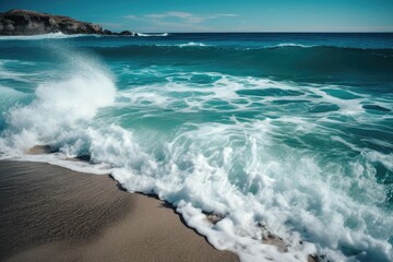 Isolated Sea Wave With Tropical Vibe, Featuring Clear Turquoise Waters And White Foam As It Approaches The Beach. Generative AI