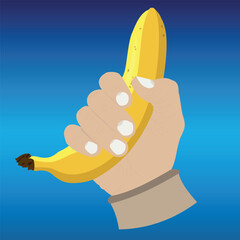 A hand holds a banana. Yellow banana in the hand. Vector illustration.