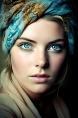 Beautiful woman in blue scarf, Generative AI