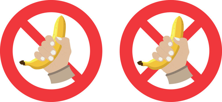 A hand holds a banana. Yellow banana in the hand. Vector illustration. Prohibition sign in the background. No jerking off. No fap.