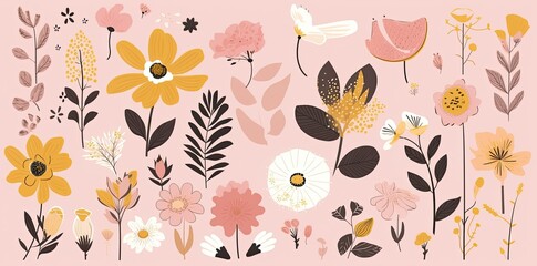 Vintage retro floral clipart collection, colored cartoonish design, minimalist backdrop, light pink and yellow, whimsical flower motifs. Generative AI