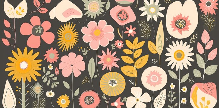 Vintage retro floral clipart collection, colored cartoonish design, minimalist backdrop, light pink and yellow, whimsical flower motifs. Generative AI