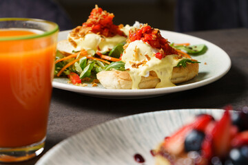 Toast with Egg, Cheese and Vegetables - juice in the foreground