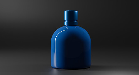 Perfume bottle of blue color on a solid background