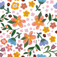 Seamless Summer flower pattern. Cartoon Summer flowers, leaves, and berries print. Cute floral wallpaper. Perfect for creative projects, including textiles, stationery, home decor, and more.