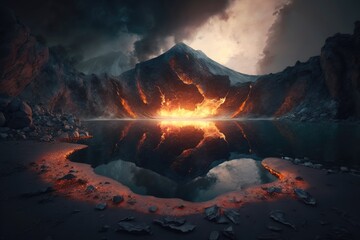 Fototapeta na wymiar Revealing the Mystical Lake within the Heart of a Volcano, The Unseen Treasure Generative AI