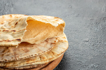 Pitta flat breads. Food recipe background. Close up