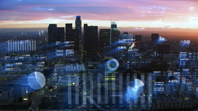 Futuristic Los Angeles Skyline with Stock Exchange Figures. Augmented Reality Elements Over Aerial View of LA With Financial Charts And Data. Big Data, Artificial Intelligence, IOT, AR.
