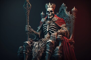 The Grim Ruler - A Skeleton with a Crown, Iron Staff, and Red Cloak Seated on a Throne Generative AI