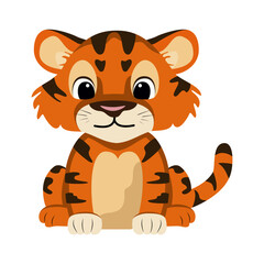  A little tiger cub. A cute wild animal, a predatory mammal of the feline family. Cartoon tiger cub. Vector drawing on white background. 