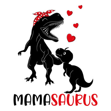 MamaSaurus , Skeleton T-Rex Mommy and Baby Dinosaurus silhouette With Hearts Design For Mother's Day , Valentine's day  EPS. SVG. File vector illustration Doodle Funny cartoon style 