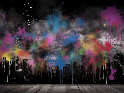 Kreatives Chaos: Raum mit Graffiti Klecksen an den W&auml;nden, Urban Art, Street-Art-Kultur, k&uuml;nstlerischer Ausdruck, individuelle Gestaltung - Perfekt f&uuml;r Studios, lebendige Innenr&auml;ume, Generative AI 1