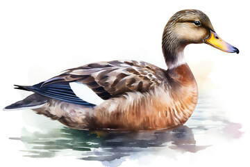 Duck, Domestic Farm Bird, Watercolor Illustration Isolated On White Background, Made Using Generative Ai