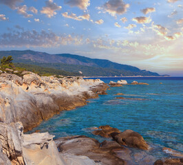 Summer morning Sithonia rocky coast landscape (Chalcidice, Greece).