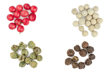 Collection of peppers, isolated on white, top view