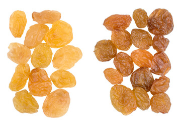 Raisins isolated on white background, top view