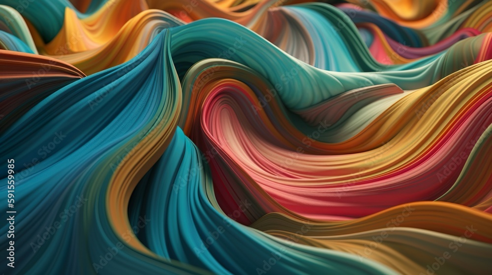 Poster Abstract background with colorful smooth surface waves of cream texture or satin textile with flowing folds. Curve material modern wallpaper. Horizontal illustration for banner design. Generative AI.